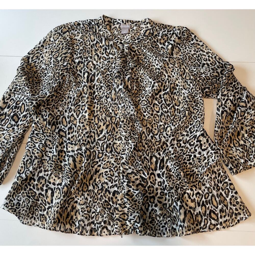 Chico’s Ruffle Front Blouse Tiered Peplum Hem Sz 3 (16/18) Animal Print Feminine - Picture 7 of 12